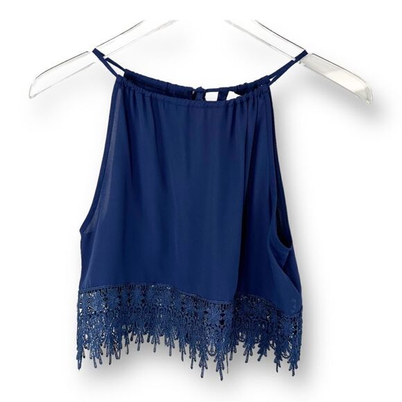 Staring at Stars Navy Blue Crochet Anthro Boho Halter Crop‎ Top Sz S - Picture 1 of 10